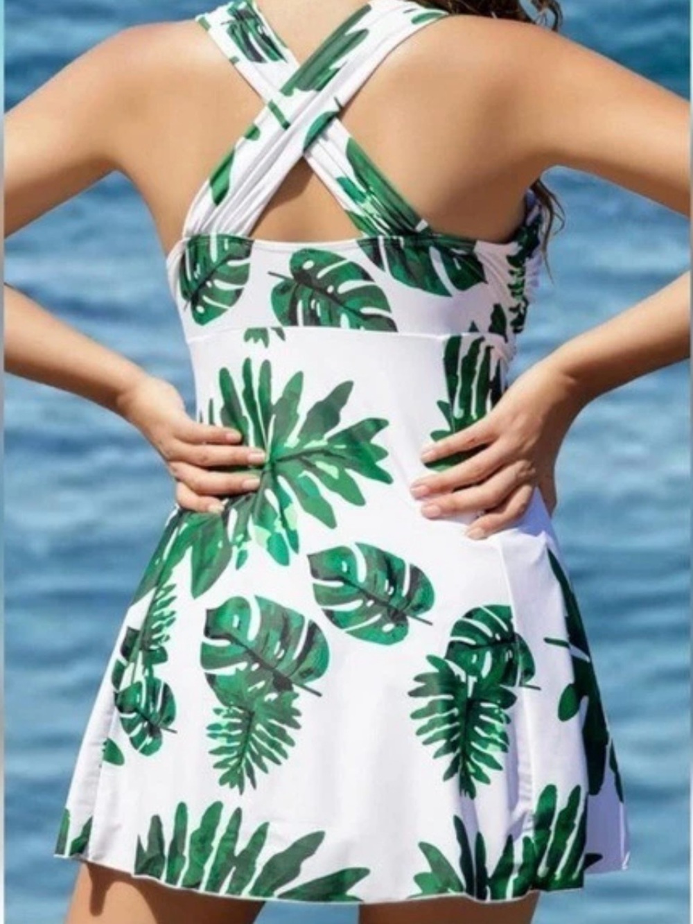 Tropical Palm Leaf Swimsuit Crossover Modest One Piece Swim Dress Beach Resort - Picture 2 of 8
